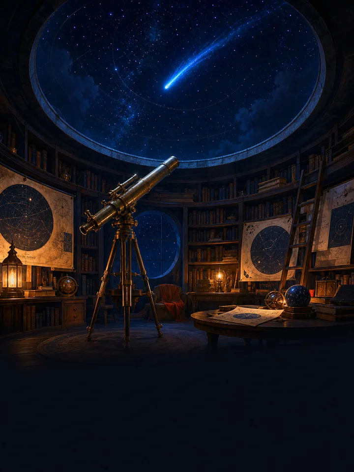 A midnight library observatory with a brass telescope beneath a blue comet