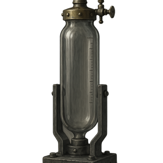 A glass containment cell held in an iron cradle